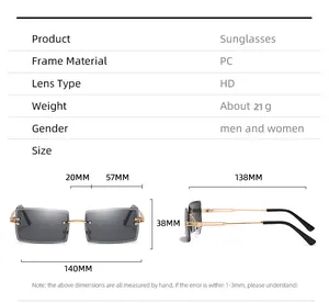 Detailed technical drawing of rimless square sunglasses showing precise frame measurements