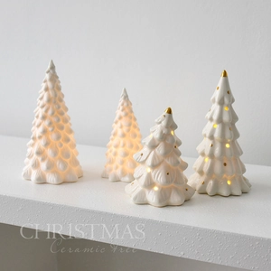 Mini Ceramic Christmas Tree LED Light Desktop Ornament Battery Operated White Gold Decorative Xmas Tabletop Decor