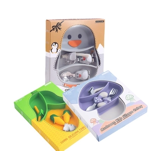 Cartoon silicone suction plate set with stainless steel fork and spoon for babies