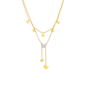 Double-layered gold titanium necklace featuring stars, moon, and white shell butterfly
