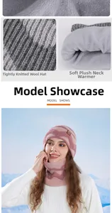 Close-up of pink knitted hat and neck warmer with thick gray plush lining detail