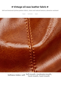 Brown oil-wax leather bag detail shot showing soft litchi texture and neat stitching.