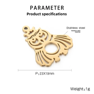 Polished golden owl charm in stainless steel with hollow design, size 23x19mm