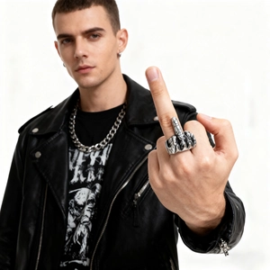 Retro punk style stainless steel fist ring featuring a middle finger design for men