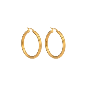 Close-up of polished golden stainless steel hoop earrings on a clean white background