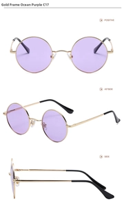 Three views of round gold metal sunglasses with transparent purple sea lenses