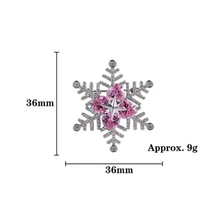 Snowflake brooch with pink heart gemstones and pavé zircon crystals, 36mm size