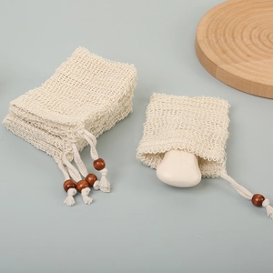Natural Sisal Soap Saver Bag Exfoliating Foaming Mesh Pouch With Wooden Bead Drawstring Eco-Friendly Bath Shower Accessory