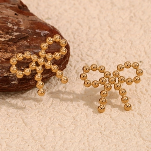 Bowknot Stud Earrings 18K Gold Plated Stainless Steel Beaded Design Elegant Niche Style For Women