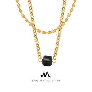 Vintage Double Layer Titanium Steel Necklace Agate Geometric Square Pendant Gold Plated Minimalist Elegant Jewelry Women