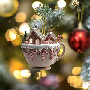 Christmas gingerbread house coffee cup acrylic car hanging ornament with festive tree background