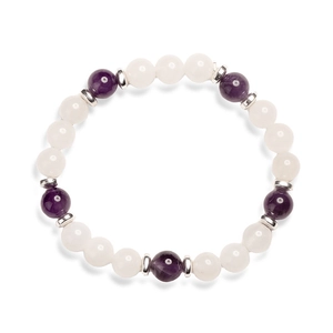 Detailed macro view of 8mm natural amethyst and white agate beads on a stretch bracelet