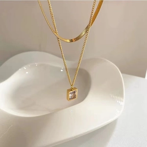 Double-layered 18K gold plated snake chain necklace with square zircon stone pendant
