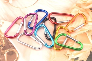 Macro shot of colorful D-shaped aluminum alloy carabiners for outdoor gear and keychains