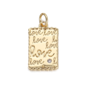 Golden rectangular Saint Guadalupe pendant with relief love letters and crystal inlay