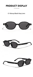 Three-way view of black oval sunglasses with silver diamond studs and dark grey lenses