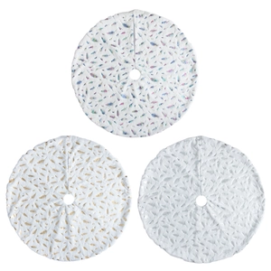 White plush Christmas tree skirts with gold and silver feather foil print patterns