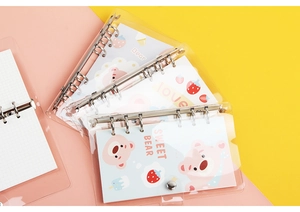Detail view of cute transparent PVC A6 binder cover with colorful cartoon bear inserts
