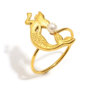 18K gold plated mermaid ring with white pearl on minimalist white background
