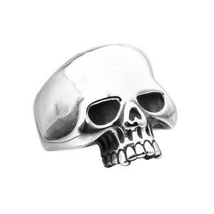 Polished stainless steel skull ring with vintage finish details on white background