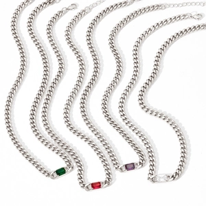 Vintage stainless steel Cuban link necklaces with emerald-cut colorful zircon pendants