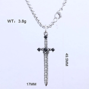 Macro shot of Gothic sword pendant with black zircons showing dimensions 49.5mm by 17mm