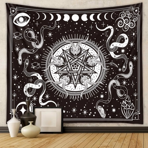 Detail of occult mountain tapestry showing goat head and mystical pentagram patterns