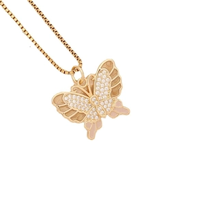 Golden butterfly necklace with zircon stones and beige pink enamel on white background