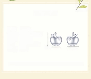 Macro view of 925 sterling silver apple earrings with crystal detailing and dimensions