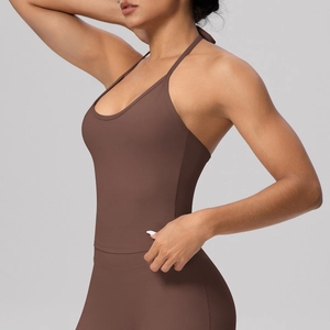 Coffee brown high elasticity halter neck sports bra with slim fit for yoga training