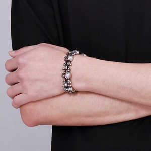 Gothic skull bracelet in silver steel with red eye accents for men's hip-hop style