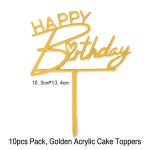 Close-up of gold acrylic Happy Birthday cake topper showing 10.3cm x 13.4cm dimensions