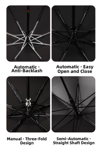 Detail of four umbrella frames showing safety anti-rebound and manual folding mechanisms