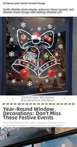 Detail of Christmas window stickers with white bells, red baubles and Merry Christmas text