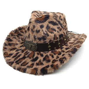 Detail of leopard print faux fur cowboy hat with studded leather band and bull skull buckle