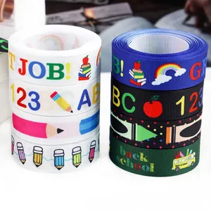Colorful back to school grosgrain ribbons with apple and pencil patterns for DIY gifts