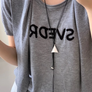 Minimalist double-layer geometric triangle pyramid pendant necklace on long leather cord