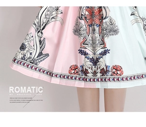 Detailed view of the vibrant pink and blue vintage floral print on the flared skirt hem