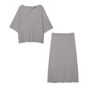 Ensemble Haut En Tricot Et Jupe Midi Pour Femmes Couleur Unie Polyester Élégant Décontracté Col Irrégulier