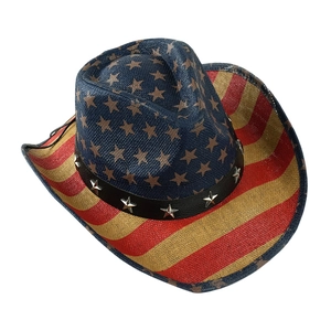Chapeau de cowboy en paille style western avec motif drapeau américain et rivets étoiles