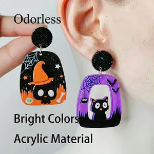 Halloween acrylic earrings featuring black cat, spider web, and purple bat motifs