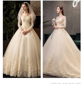 Dettaglio dell'abito da sposa champagne con ricami in pizzo e maniche lunghe eleganti
