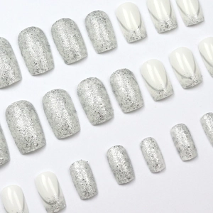 Elegant silver glitter and French line style short square press-on nails set in white