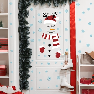 Christmas snowman door sticker set with red scarf and blue snowflakes on white door background