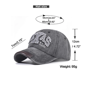 Detailed view of TEXAS embroidery on washed cotton cap with dimensions and weight specs