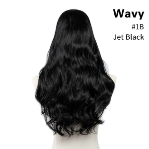 Detail view of wavy jet black synthetic hair extensions in color #1B from back profile