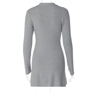 Rear view of a slim-fit grey long sleeve knitted polo dress on a white background