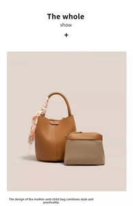 Detail of caramel litchi leather bucket bag with inner pouch and decorative silk scarf
