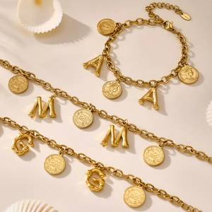 18k gold plated stainless steel chunky chain bracelet with alphabet and coin charms