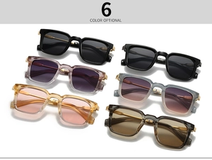 Detailed display of six color options for square frame vintage sunglasses with metal accents